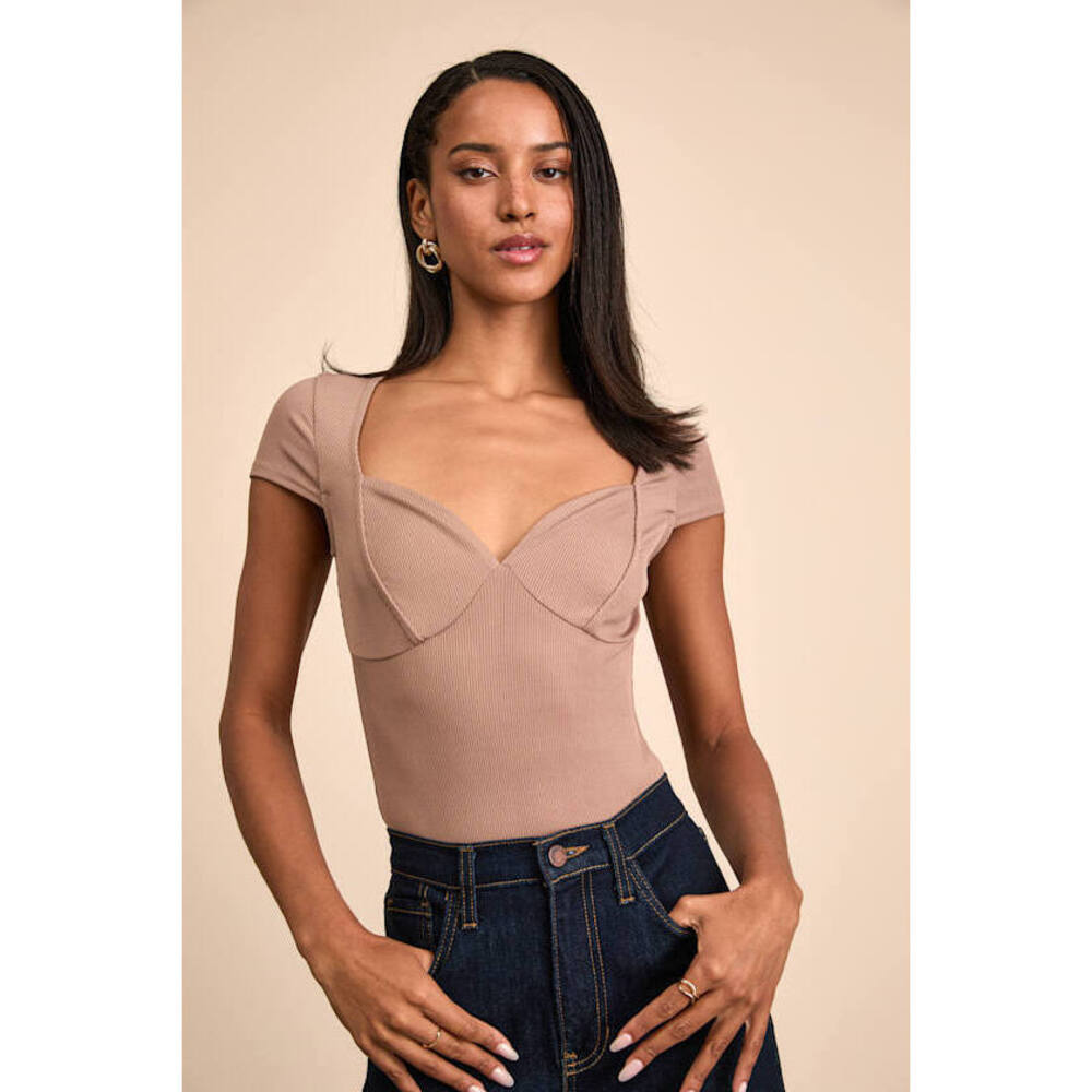 Lulus Jacqueline Taupe Ribbed Knit Short Sleeve Bodysuit - Size M